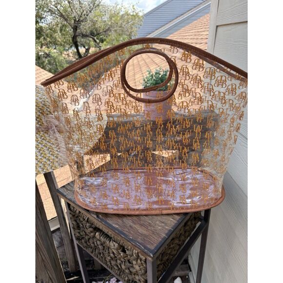 Vintage D&B Dooney & Bourke Oversized Clear Vinyl Tote Bag Large Brown Tan - Picture 1 of 9